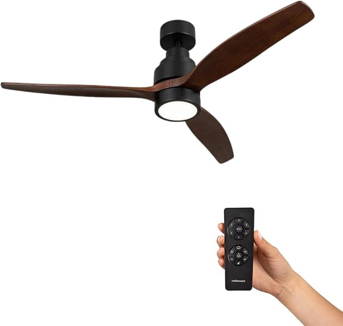 Mellerware - Ventilador de Techo Led con Mando a Distancia Brizy! | 30 W | 6 Velocidades | Ultra silencioso | Función Verano-Invierno | Temporizador | 3 Aspas | 132 de Diámetro | Motor DC | Dark Wood