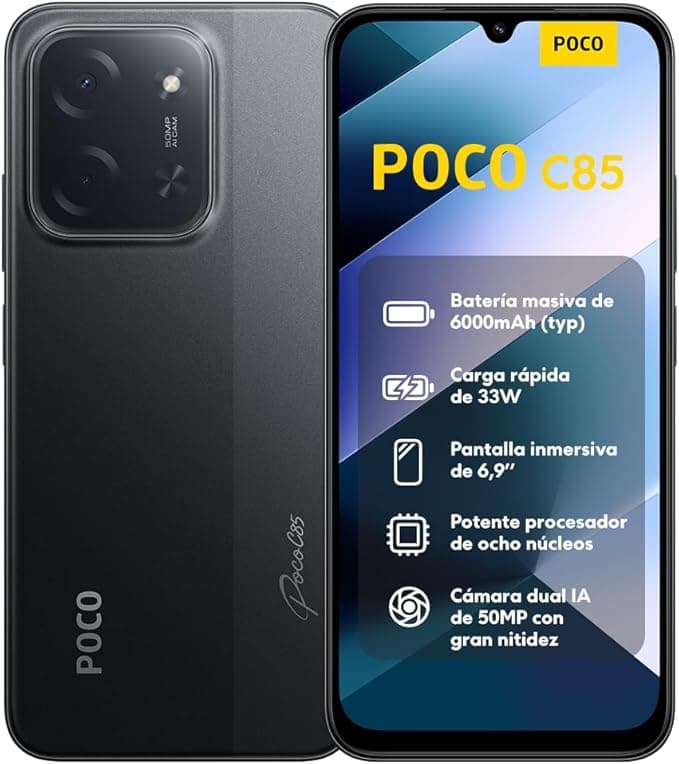 XIAOMI POCO C85 - Smartphone de 8+256GB, Cámara Dual de 50MP con AI, Pantalla inmersiva de 6,9”, Potente procesador Octa-Core, Carga rápida de 33W, 6000mAh, Cargador no Incluido, Negro (Versión ES)