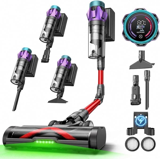 Ultenic U18Pro Aspiradora sin Cable 55Kpa/80Mins, Sistema Multiciclón | Display con Tiempo Restante en Minutos, Limpieza sin Agacharse, Escoba Aspirador Antienredos para Pelo Mascotas y Alfombras