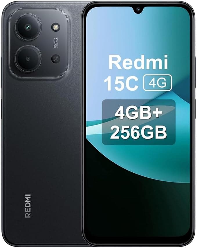 XIAOMI Redmi 15C - Smartphone de 4+256GB, Cámara Dual con IA de 50 MP, Pantalla inmersiva de 6,9" 120 Hz, Potente procesador octacore, Carga rápida de 33W, Cargador no Incluido, Negro (Versión ES)