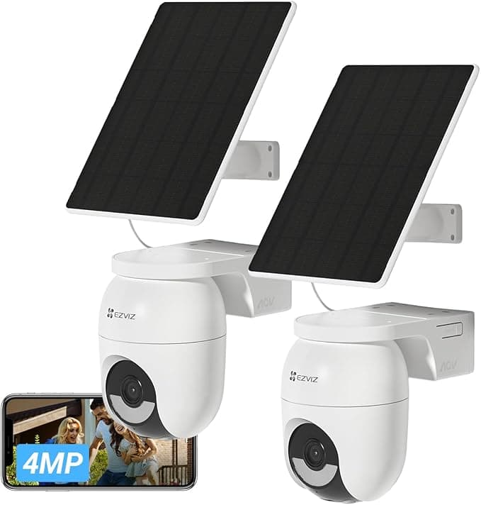 EZVIZ 2PK Cámaras de Vigilancia WiFi 4MP, AOV 360° con Batería de 5200mAh, Detección Humana/Vehicular, Visión Nocturna a Color, Defensa Activa, CB8 Lite + Panel Solar 5W, sin Tarjeta SD
