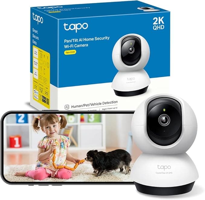Tapo C220 - Cámara de Vigilancia WiFi Interior 360º, 2K QHD, Detección IA | Detección Movimiento, Personas, Mascotas, Llanto de Bebé y más. Visión Nocturna. Alarma Luz y Sonido. Admite MicroSD.