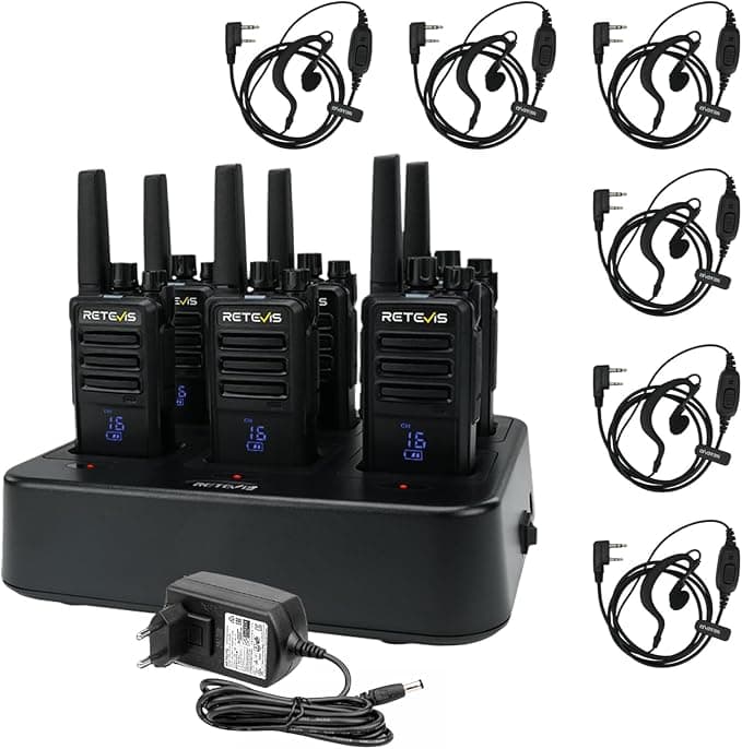Retevis RT668H Walkie Talkie con Cargador de 6 Vías, Walkies con Pantalla,Walkie Talkie Profesional PMR 446 Licencia, Tipo C, Robusto con Auricular para la Hospitalidad, Comercial (6 Piezas, Negro) | Radio recargable de 2 vías para fábrica, logística de construcción, gran alcance, robusto walkie industrial