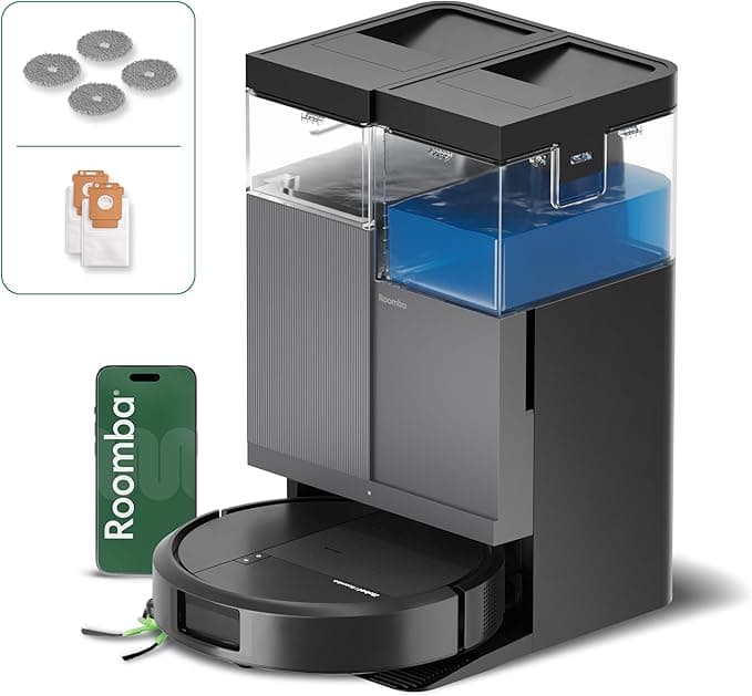 iRobot Roomba Plus 415 Combo y Base AutoWash multifunción, Robot Aspirador y Friegasuelos, 20.000Pa, Mopa Extensible, Mopas DualClean Elevables, Secado Calor, LiDAR Clearview, Autonomía 90 Días,Negro