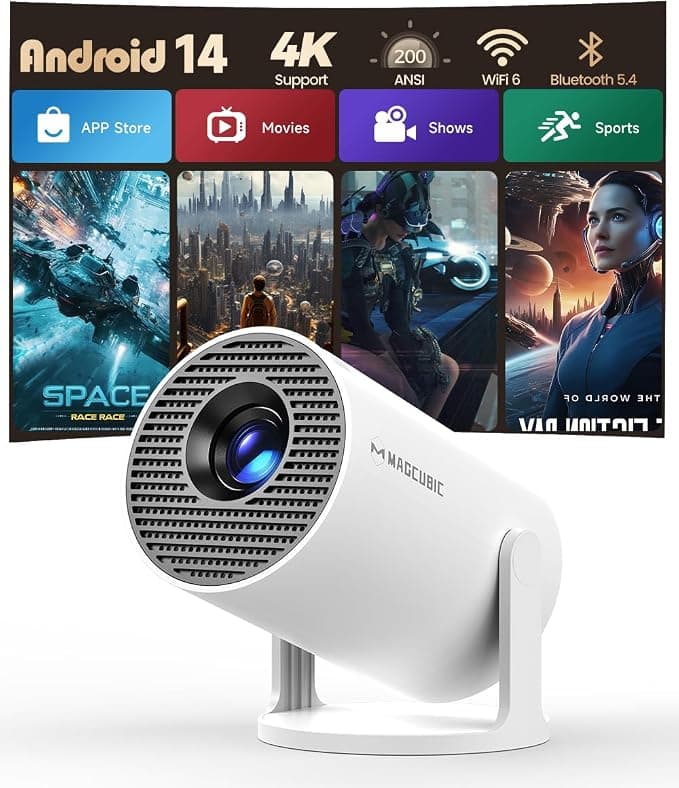 Magcubic Mini Proyector Portátil 4K Soporte [App Integrada] Android 14 | 1080P Full HD Soporte Projector, WiFi 6, Bluetooth 5.4, Altavoz 5W, 200 ANSI, para Móvil, Smart TV, Cine en Casa – HY300Pro