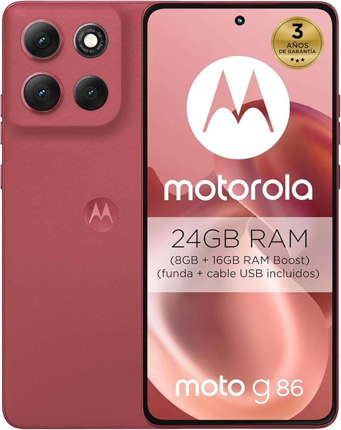 Moto g86 5G 24GB (8GB+16GB RAM Boost)/256GB Chrysanthemum, Pantalla ultrabrillante Super HD (1220p) de 6,67” + Dolby Atmos®, cámara Sony LYTIA™ 600 de 50 MP, 5100 mAh y Carga TurboPower™ de 30W