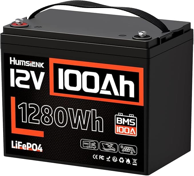 Humsienk Batería Litio LiFePO4 12V 100Ah, 1280Wh, BMS Inteligente de 100A, 4.000–15.000 Ciclos Profundos, Protección Baja Temperatura — para Solar, Autocaravana (RV), Emergencia