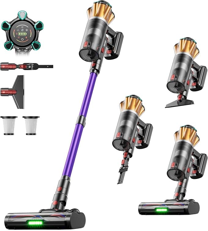 Aspiradora sin Cable 55KPa/650W/70Min Alfombras/Pelos Mascotas/Suelos Duros | Aspiradora Vertical sin Cable con Pantalla LED, Cepillo Anti-Enredos, Depósito 1,8L, Filtración 8 Etapas, Base de Carga Mural