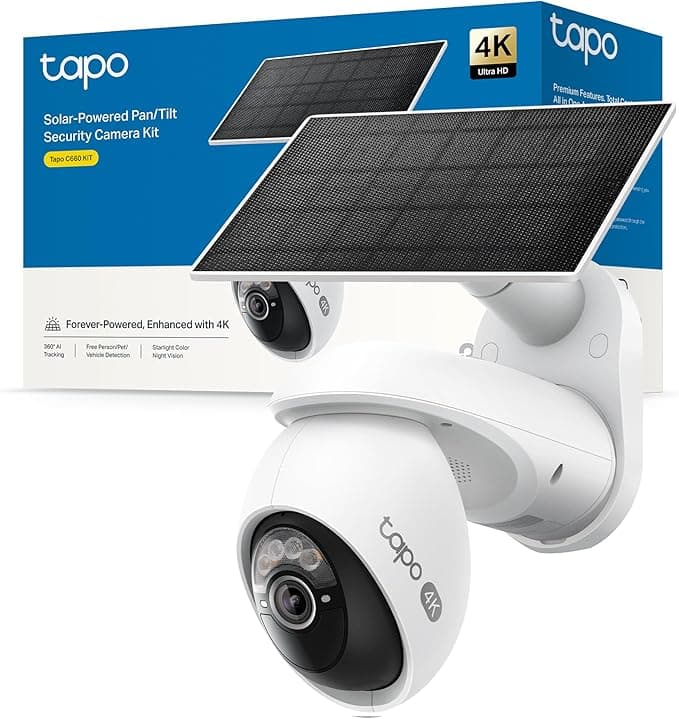 Tapo C660 Kit - Cámara Vigilancia WiFi Exterior 360º, Panel Solar, 4K 8MP | Detección de Movimiento, Personas, Mascotas y Vehículos. Batería 10000mAh. Visión Nocturna Color. Alarma Luz y Sonido. IP65.