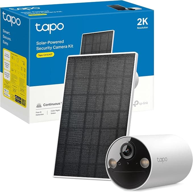 Tapo C410 Kit - Cámara de Vigilancia WiFi Exterior, Panel Solar, 2K 3MP, IA | Detección de Movimiento y Personas. Batería 6400mAh. Visión Nocturna a Color. Alarma Luz y Sonido. Admite MicroSD. App Tapo.