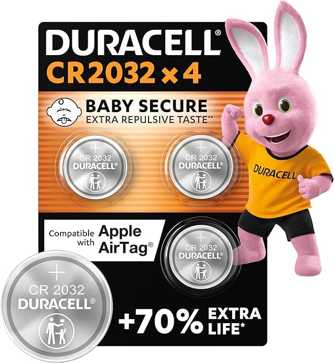 Duracell CR2032 pilas de botón de litio 3 V (paquete de 4) - Hasta un 70 % extra duración - Tecnología Baby Secure - Para Apple AirTag, llaves remotas, dispositivos domésticos, deportivos y médicos | Hasta un 70 % extra duración - Baby Secure - Para Apple AirTag, llaves remotas, dispositivos domésticos, deportivos y médicos