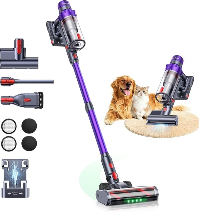 55KPA/650W/70Min(ECO) VAC02 Mejorada Aspiradora sin Cable, Aspiradora Vertical con Cepillo para Colchón, Modo Automático, Cepillo Anti-Enredo, Luz Verde, Fragancia, Carga Mural para Suelos y Alfombras