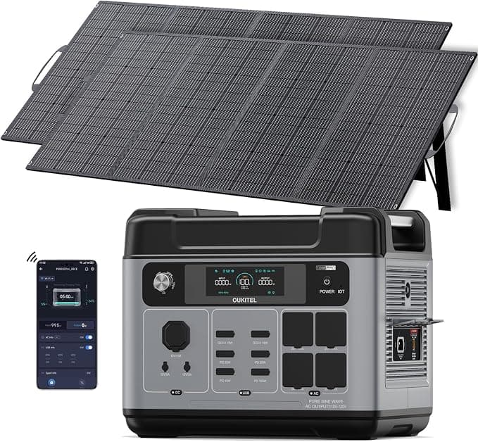 OUKITEL Estacion de Energia Portatil 3200W (Pico 6400W) Generador Solar | con Panel de 2x200W, Batería LiFePO4 2048Wh, 4 Tomas de CA, Carga Rápida 1,2h, Power Station para Camping, Hogar,SAI Backup